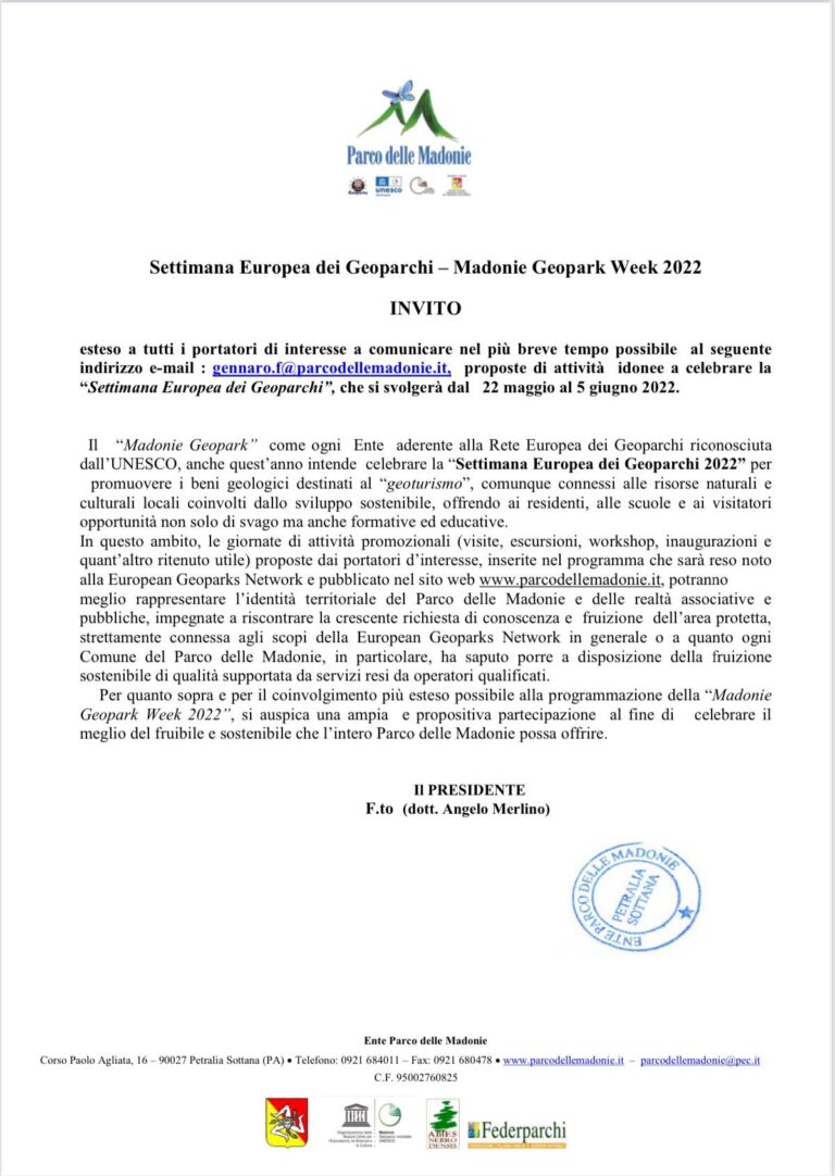 Settimana Europea dei Geoparchi 2022 ( 22 maggio 5 giugno).Invito alla programmazione della settimana del Madonie Geopark Week 2022